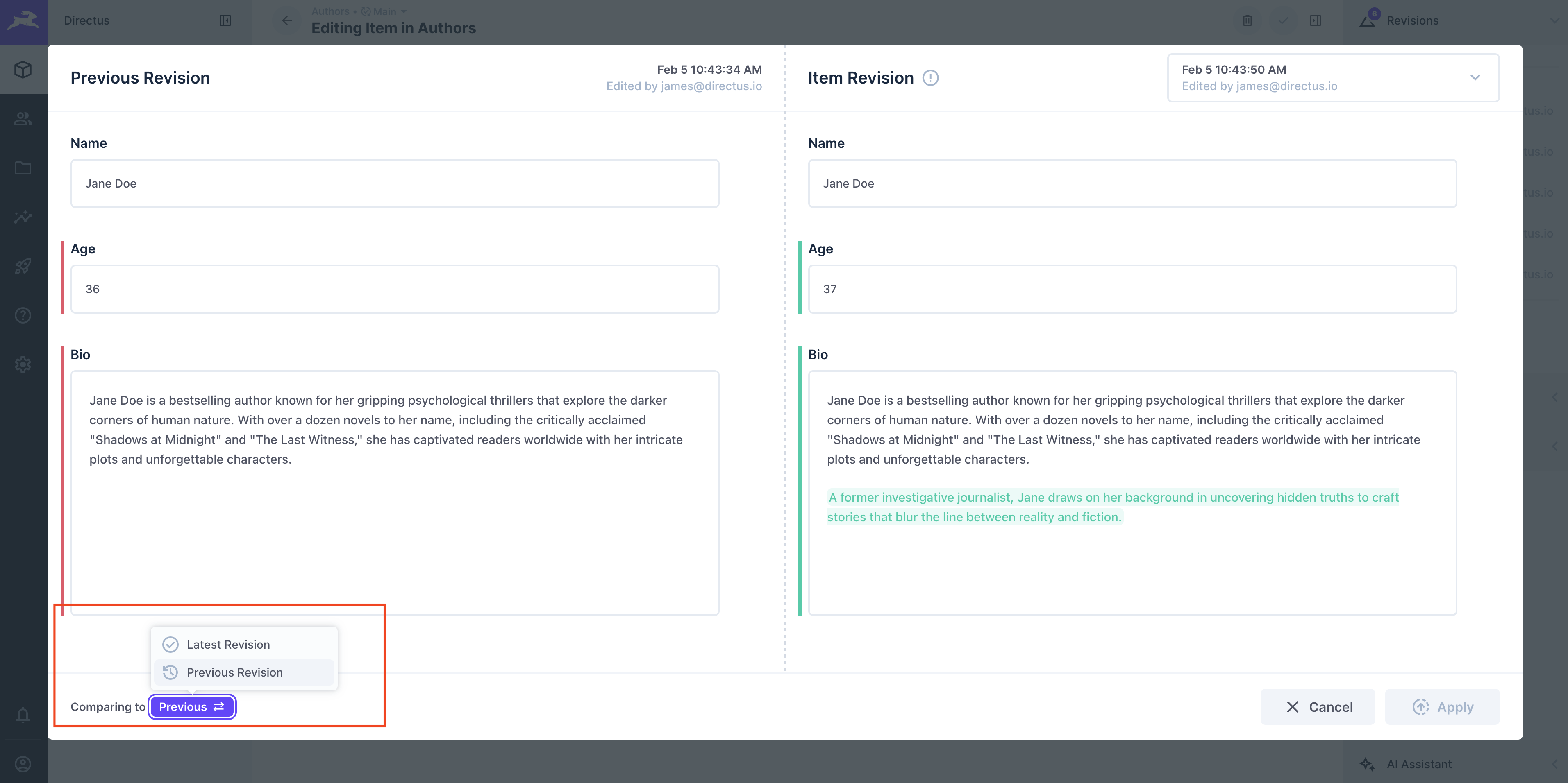 Revisions Toggle